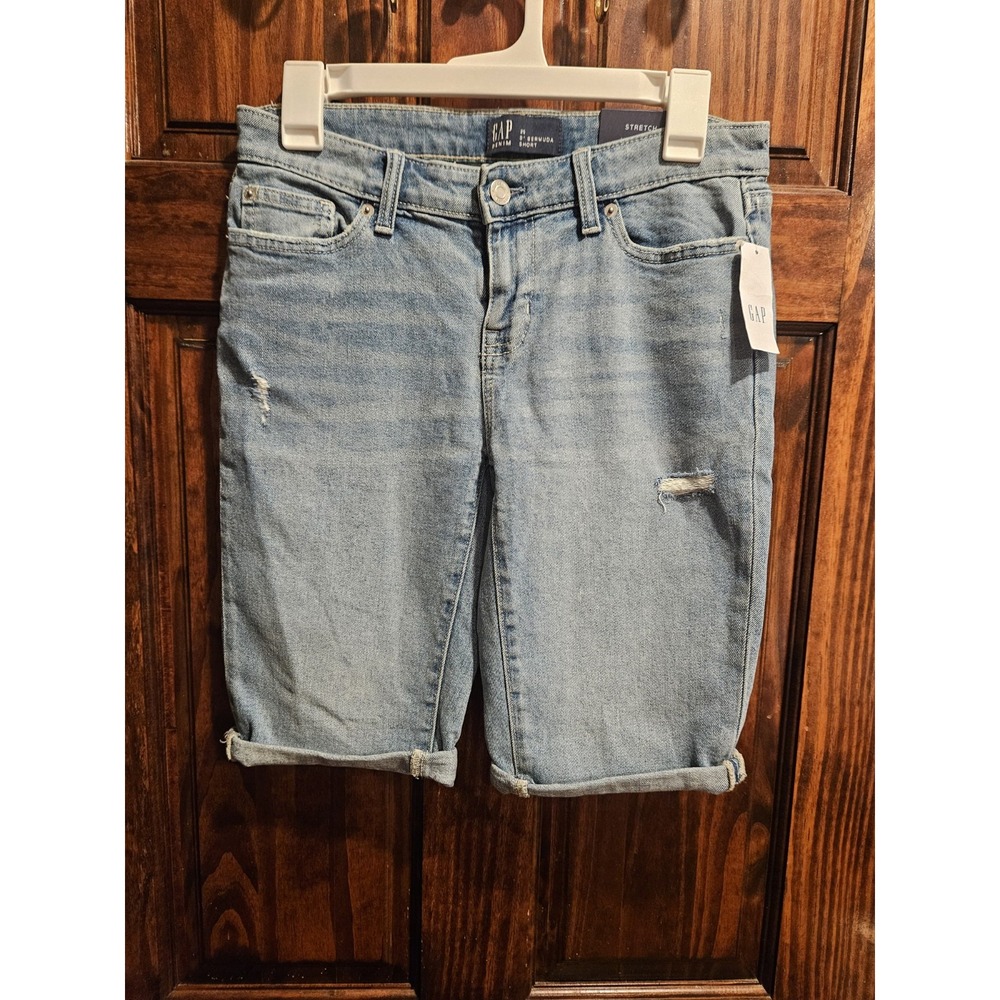 Gap Nwt 9" Bermuda Shorts Denim Jean Stretch Midrise Women 0 X 25 Folded Leg